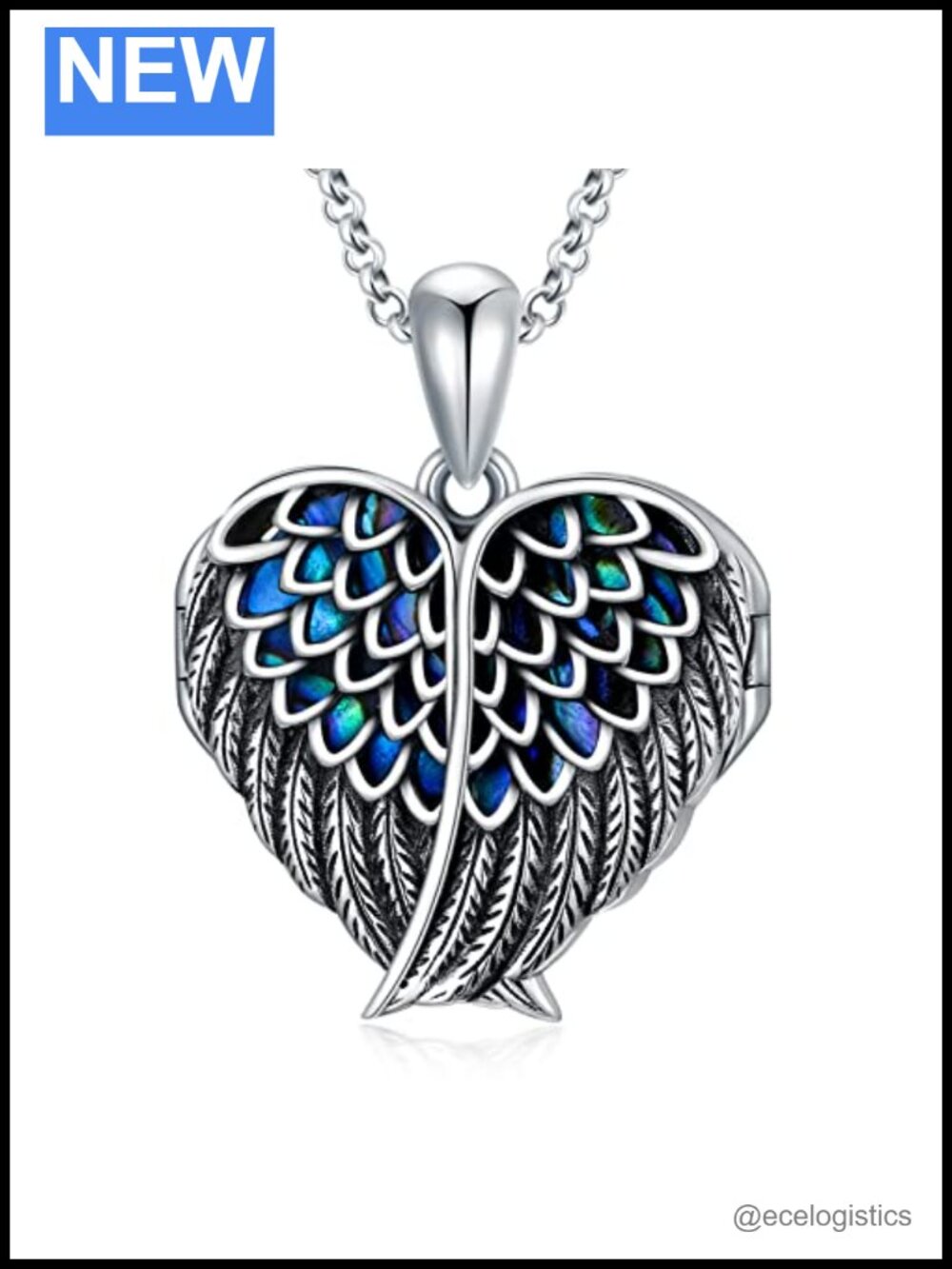 925 Sterling Silver Angel Wing Heart Locket Necklace Photo Pendant 18+2in